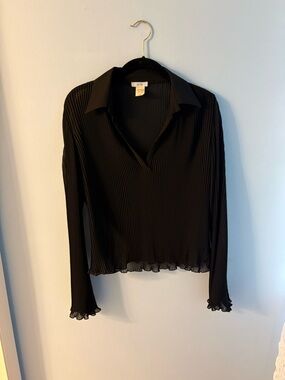 Cache Black Pleated Long-Sleeve Collared Blouse